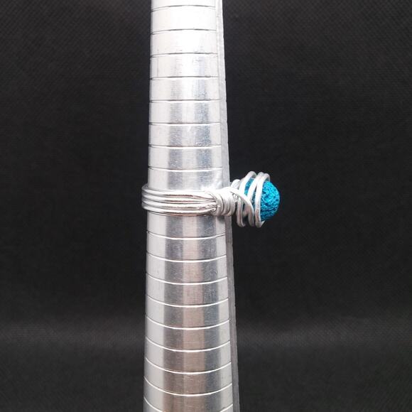 Artisan Turquoise Lava Stone Ring Silver Tone Wire Wrapped Diffuser Boho Sz 8.5 - Picture 11 of 13